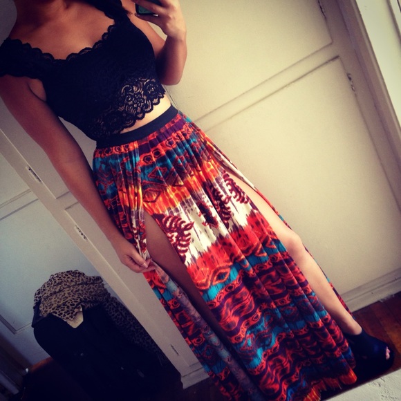 Tribal gypsy orange double split maxi skirt size small - Picture 2 of 2